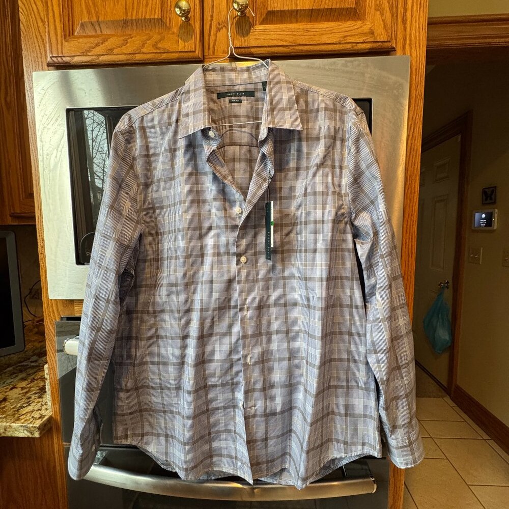 Perry Ellis Long Sleeve Plaid Shirt Grey & Blue L New with Tags